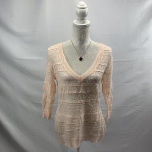 New York & Co Mohair Blend Pullover Sweater Pale Peach Pink V-neck 3/4 Sleeves M